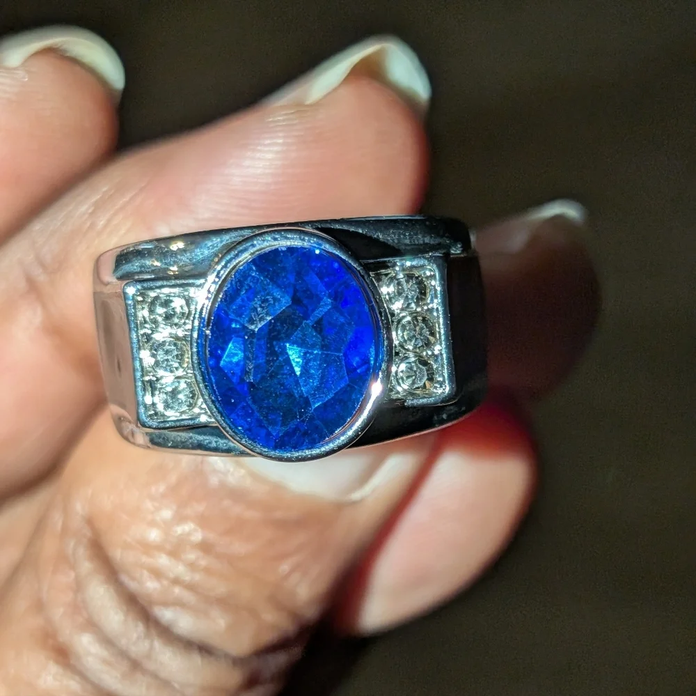 Elegant Silvery and Blue Men's Gemstone Ring Sz 8